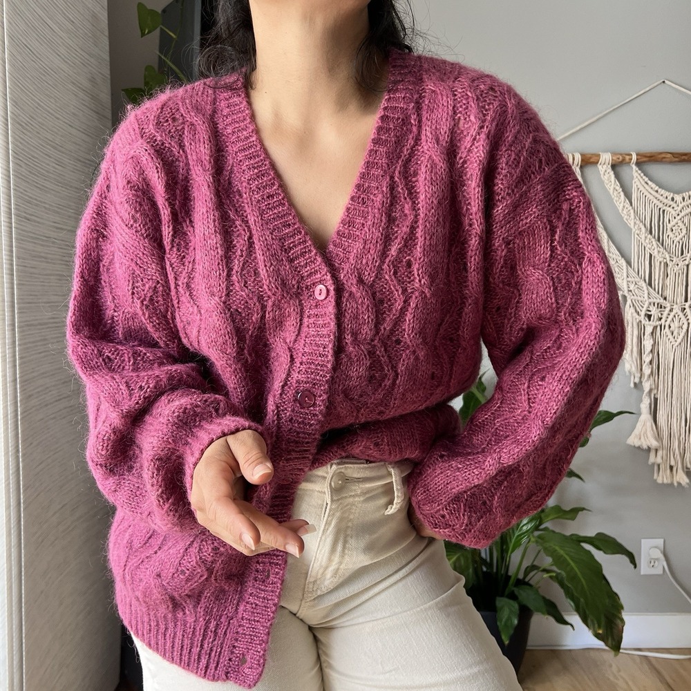 Vintage Signature Northern Isles Mohair Blend Chunky Knit Cardigan Hot Pink L